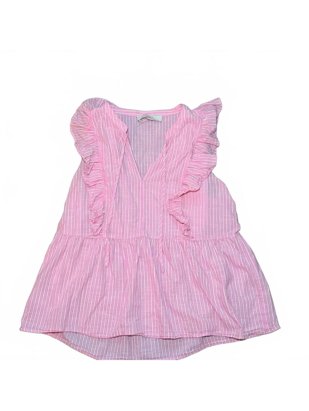 LOFT Pink and White Striped Ruffle Sleeveless Blouse Size Small